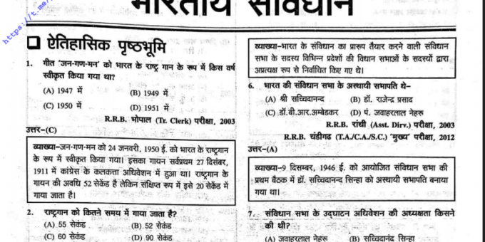 Indian Constitution Most Important Questions In Hindi