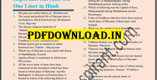 500+ Haryana GK One Liner Questions PDF