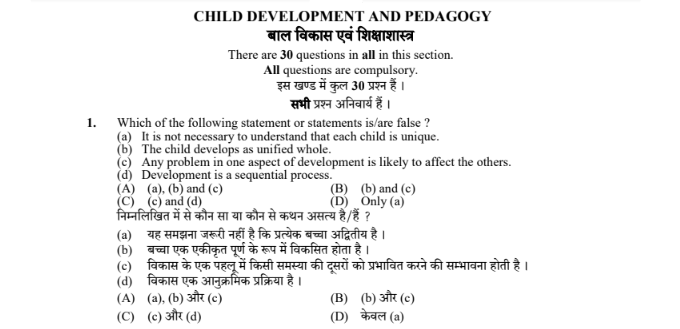 CTET Child Development and Pedagogy Question Pdf