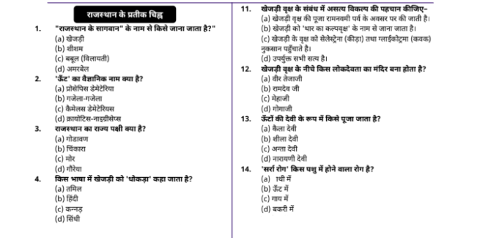 Rajasthan General Knowledge Question Answer (MCQ) pdf In Hindi