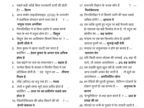 Best 500 Important General Science Questions in Hindi for Bihar SI