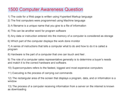 Most Important 1500 Computer Awareness Question