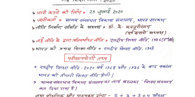 India New Education Policy 2020 Notes in Hindi pdf