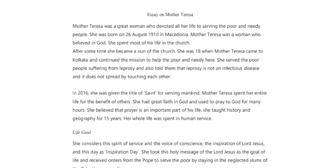 {Mother Teresa} Essay on Mother Teresa in English